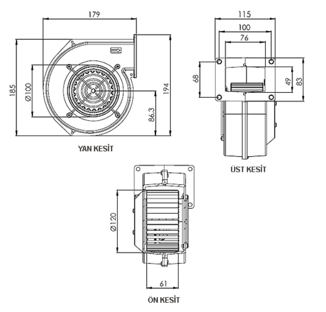 Aircol AKS 120-60 Radyal, Salyangoz ve Kalorifer Kazanı Fanı 250 m³/h 2300 RPM